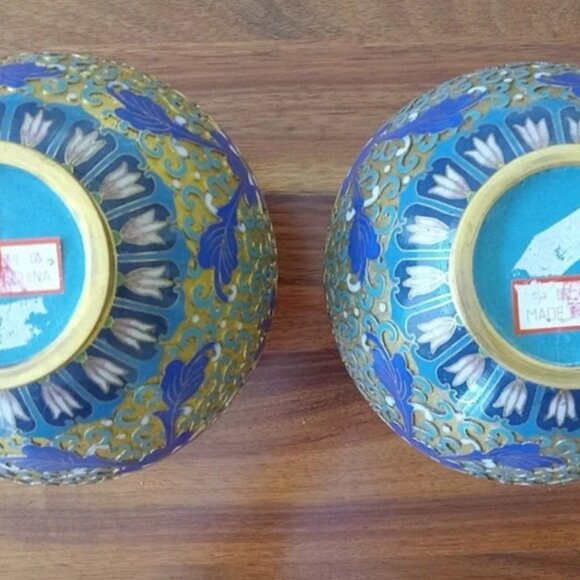 JINGFA 7" Chinese Champleve Cloisonne Garlic Head Vases Pair On Wooden Stands - Picture 3 of 6